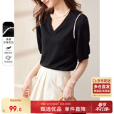 尚都比拉夏季短袖t恤女浪漫花边泡泡袖V领显瘦女装上衣 黑色 XL
