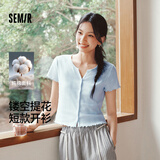 森马（Semir）短袖T恤女夏季短款镂空肌理修身纯棉木耳边2026开衫109326100008