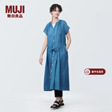 MUJI女式 强捻法国袖连衣裙 女装裙子夏季纯棉全棉衬衫连身裙BC2JGC4S 蓝色 XL(165/92A)