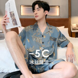 俞兆林（YUZHAOLIN）睡衣男夏季冰丝短袖短裤两件套青年学生宽松夏天男士大码家居服 NSCBF-蓝灰树叶【短袖短裤】 L -(建议90-120斤)
