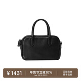 裘真【明星推荐】宽宽包植鞣牛皮休闲斜挎包手提保龄球包女 黑色