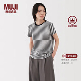 MUJI女式 天竺编织 圆领短袖T恤 上衣打底衫女款25年夏季女装内搭 黑色条纹 BB2SBA5S M (160/84A)