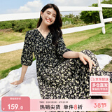 尚都比拉度假风碎花连衣裙女夏天V领气质中长裙收腰A字雪纺裙子 黑花 M