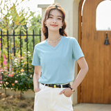艾路丝婷夏装新款T恤女短袖上衣韩版修身体恤TX3560 V领浅蓝色 XL