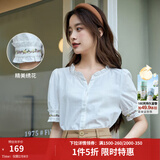 茵曼（INMAN）田园木耳边短袖衬衫女2025夏季文艺绣花时尚纯棉舒适衬衣 霜白色 M