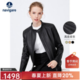 Navigare意大利小帆船女士短款外套秋季羊皮革通勤上衣黑色修身真皮皮衣 黑 S