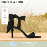 CHARLES&KEITH一字带缎面蝴蝶结绑带高跟凉鞋子女鞋生日女神节礼物CK1-61720177 BLACK TEXTURED黑色纹理 37