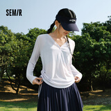 森马（Semir）长袖T恤女夏季V领纯色仿麻宽松抽绳罩衫2026温柔上衣109326101006