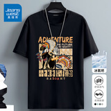 真维斯（Jeanswest）冰丝中袖男2026夏季简约印花宽松冰感速干短袖T恤男士大码上衣服 黑色（猫吃鱼） 5XL (体重230-260斤)