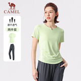 骆驼（CAMEL）运动套装女装新款跑步瑜伽健身短袖长裤弹力两件套休闲运动服