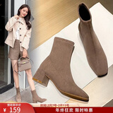 ZHR袜靴2025冬新款高跟鞋女洋气小短靴加绒保暖瘦瘦靴子女Y382卡其39