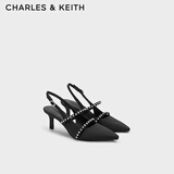CHARLES&KEITH亮钻一字带尖头包头复古高跟凉鞋婚鞋子女鞋生日礼物CK1-61720199 BLACK TEXTURED黑色纹理 37