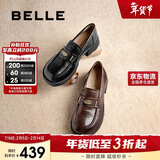 百丽元宝乐福鞋女2025新款粗跟英伦黑色小皮鞋D2S1DCA5 黑色 36