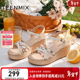 天美意凉鞋女商场同款坡跟编织花朵一字带女鞋COO05BL3 米白 35