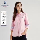 U.S. POLO ASSN.长袖衬衫女纯色防走光商务休闲纯棉白衬衣春秋通勤翻领女外套上衣