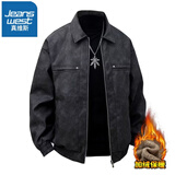 真维斯（Jeanswest）皮衣男士新款春秋季潮流工装防风翻领宽松夹克百搭外套上衣服男装 黑色 加绒 2XL 165-185斤