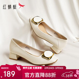 红蜻蜓春夏女士粗跟小香风皮鞋职业通勤妈妈鞋高跟鞋WFB31540 米白色 37