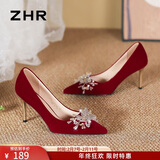 ZHR高跟鞋女中式绒面秀禾婚鞋2026新款新娘鞋子女尖头细跟单鞋女