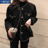 莫代尔小香风短外套女2026春秋新款韩版气质粗花呢宽松显瘦百搭夹克上衣 黑色 XL