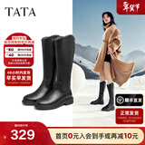 他她（TATA）黑色V口长筒靴女英伦加绒抗寒高筒靴骑士靴冬季G5JA1DG2 黑色（绒里） 34