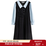 独束大码女装假两件撞色衬衫领连衣裙女秋冬微胖mm文艺复古穿搭裙子 墨染黑【适合160左右】 M