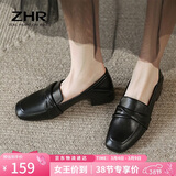 ZHR乐福鞋女一脚蹬真牛皮粗跟单鞋懒人鞋方头舒适英伦皮鞋女BL66黑37