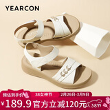 意尔康皮鞋女软底坡跟平底鞋中年妈妈魔术贴皮凉鞋 11001W 米白 37