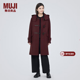MUJI女式 羊毛混牛角扣大衣长款连帽毛呢呢子外套秋冬季外衣女装 深紫红色 S (155/80A)