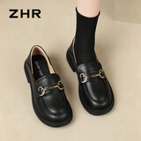 ZHR则则单鞋女真牛皮英伦风乐福鞋女时尚两穿小皮鞋女休闲女鞋BT38黑色37
