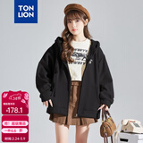 唐狮卫衣外套女春装秋冬季新款针织开衫宽松上衣女 加绒款/黑色 M