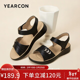 意尔康皮鞋女软底坡跟平底鞋中年妈妈魔术贴皮凉鞋 11001W 黑色 37