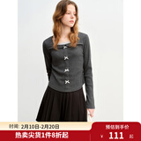 独束大码女装气质蕾丝拼接假两件T恤2024秋季新款方领蝴蝶结内搭 深麻灰 2XL (尺码：4)