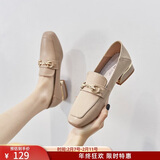 ZHR单鞋女英伦风舒适方头乐福鞋女两穿粗跟透气皮鞋女 K196 杏色 37