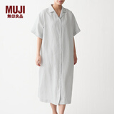 MUJI MUJI 女式 法国亚麻水洗 五分袖开襟连衣裙 BCL08C0S 银灰色 M-L