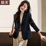 晨芙休闲小西装外套女春秋时尚英伦风正装显瘦小个子短款气质西服上衣 黑色常规【三粒扣】 XL 建议110-123斤
