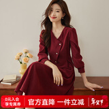 熙世界（sllsky）浪漫复古连衣裙女秋冬公主裙法式赫本生日礼裙子高级感本命年女装 复古红 L