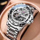 马克华菲（MARK FAIRWHALE）手表男士机械表全自动镂空飞轮时尚男表国潮夜光防水瑞士品质腕表 升级加强版/银黑钢带/终身保