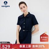 Navigare意大利小帆船短袖衬衫裙女士夏季时尚百搭小个子连衣裙简约中裙女 海军蓝 M 码