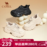 骆驼（CAMEL）老爹鞋女网布皮面拼接双系带厚底休闲鞋 L24S283079R 杏色绒里 40