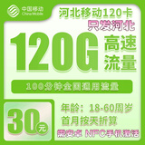 中国移动5G流量卡手机卡上网卡电话卡纯流量卡大王卡花卡全国通用不限速不虚标正规卡 河北移动30元包120G通用流量+100分钟
