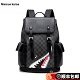 Marcue karos双肩包男皮质背包时尚商务多功能大容量电脑包出差旅行包青年潮牌 黑色鲨鱼印花