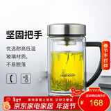 希诺（heenoor）双层玻璃杯男士耐热防烫带把带手柄商务办公玻璃水杯过滤茶杯子 小熊杯盖-双层带滤网435ml