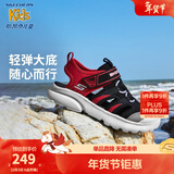 Skechers斯凯奇儿童包头凉鞋男童鞋夏季轻质防滑男大童大头沙滩鞋406511L 黑色/红色/BKRD 35