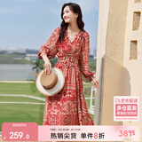 尚都比拉春秋中长款印花红色连衣裙气质女神范显瘦度假裙子 红花 L 