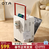 OTA前开口行李箱女新款宽拉杆多功能登机箱小型密码旅行箱皮箱子男 珍珠白铝框款【前开盖设计+水杯架+USB充电】 20英寸 登机箱【三层PC材质+质检优于国标】