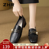 ZHR则则单鞋女新款优雅珍珠扣乐福鞋女通勤粗跟小皮鞋女两穿女鞋K170黑40