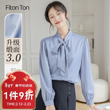 FitonTon长袖衬衫女春秋款蝴蝶结系带设计感职业气质衬衣缎面上衣蓝色 L
