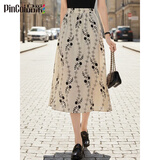 品彩（PinCai）半身裙女雪纺高腰印花半身裙优雅印花大摆裙过膝伞裙 P133B1499