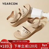 意尔康皮鞋女软底坡跟平底鞋中年妈妈魔术贴皮凉鞋 11001W 杏色 39