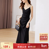尚都比拉设计感抽褶收腰显瘦中长款V领吊带连衣裙夏季修身小黑裙 黑色 M 